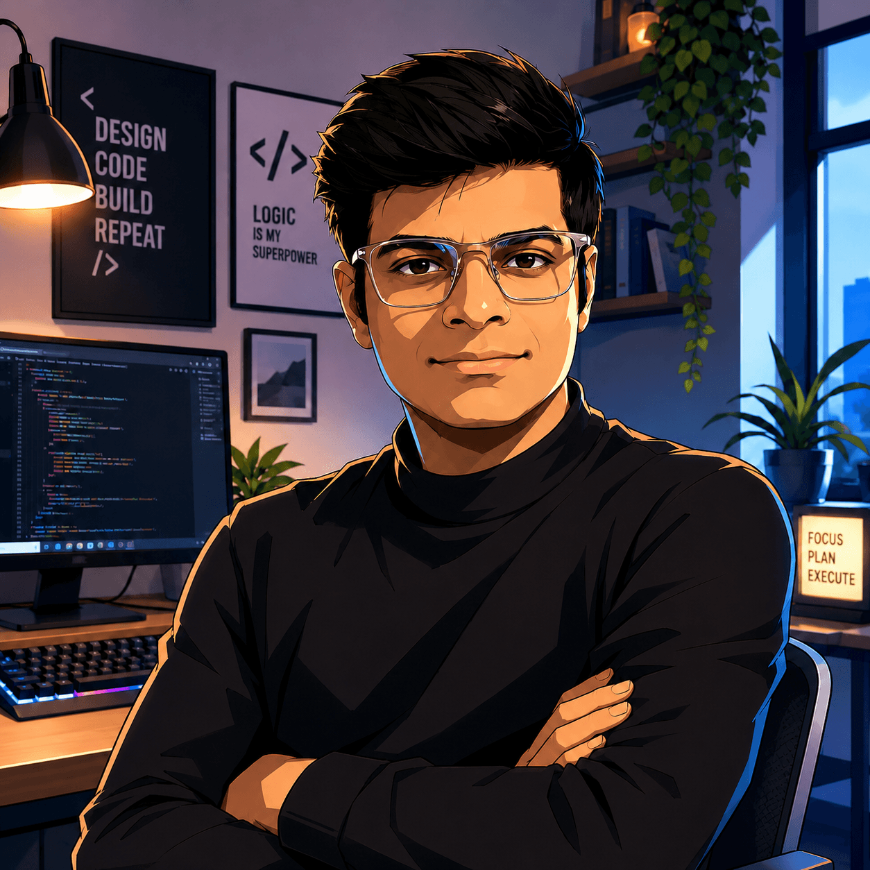 Illustrated portrait of Nelman Ranasinghe in a developer workspace